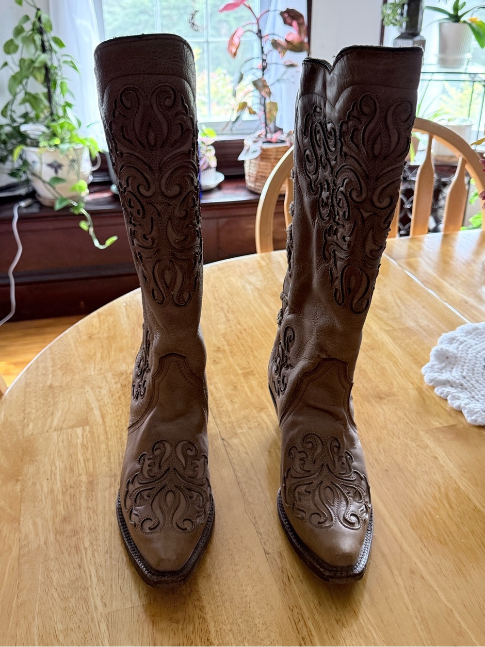 Brown Embroidered Leather Knee-High Heeled Boots